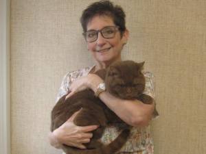 Camille Re, the first certified feline behaviorist in Sussex County, holds her British Shorthair Yogi. (Photo by Janet Redyke)