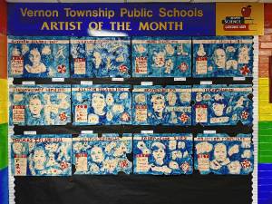 <b>Fifth-graders at Lounsberry Hollow School in Vernon create self-portrait maps. Those by Lillian Crotchfelt, Leo Hughes, Avery Guzman, Lucas Vasilic, Brayden Panfile, Sammy Wtulich, Elaina Long, Clayton Minter, Cole Anderson, Thomas Norberg, Liam Keller and Cooper Lichtenwalner are on display. Students, under the direction of art teacher Erik Villanueva, learned about cartography, conceptual art, mind mapping, mixed media and deconstruction. They made the maps using colored pencils and watercolor paint. (Photo provided)</b>