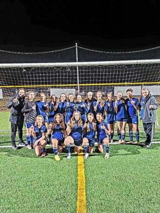 <b>The Vernon Hedgehogs U15 girls soccer team won the Flight 1 Championship with an 8-0 record in the top division of Morris County Youth Soccer Association. The team outscored its opponents 49 goals to 1 during the season. It also won the Mount Olive Soccer Club’s 31st annual Halloween Classic Tournament championship Oct. 26. (Photo provided)</b>