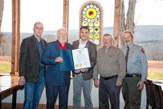 <b>From left are Bob Williams, co-founder of the Walpack Historical Society; Don Stieh, president of the Walpack Historical Society; Assemblyman Michael Inganamort; Walpack Township Committeeman Ken Bechtold; and Doyle Sapp, superintendent of Delaware Water Gap National Recreation Area. (Photo provided)</b>