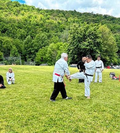 Sensei Tom Shull, left, and Nick Vigiletti of Vernon Valley Karate Academy demonstrate moves.