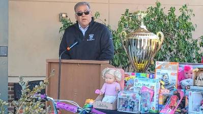 <b>State Sen. Douglas Steinhardt, R-23, speaks at the launch of Project Self-Sufficiency’s annual Season of Hope toy drive Oct. 25 in Newton. (File photo by Kathy Shwiff)</b>