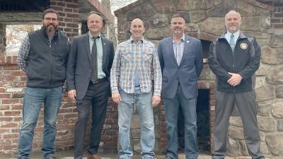 Pictured (from left): Ret. Chief Mike Richards of Newton; Chief Neil Spidaletto of Sparta; Steve Scro, owner of the Mohawk House; Ret. Chief Brett Alemy of Hardyston, and Ret. Chief Pete Zabita of Byram (Photo by Amy Lynne)