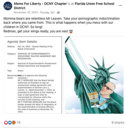 A post on the Orange County (N.Y.) Moms for Liberty Facebook page celebrating the resignation of Florida, N.Y., Superintendent Larry Leaven last November.