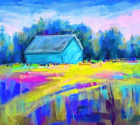 Gratkowski uses vibrant pigmented colors of pastel in a layered loose manner.