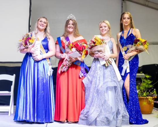 From left are first runner-up Miss Wantage Mackenzie Baker, 2023 Queen of the Fair Ashleigh Dickson, second runner-up Miss Lafayette Amelya Race and Miss Hardyston Kayla Van Ginneken, who won the People’s Choice Award.