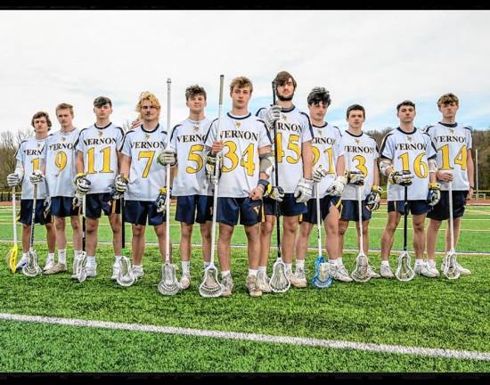 <b>Seniors on the Vernon Township High School lacrosse team, from left, are Kane Lynch, Dylan Bubenik, Ethan Lewis, Joe Campoli, Owen Lally, Logan Pych, Will Wesloske, Damon Greenwood, Ketchell Terzakis, Brett Burke and Ty Holden. (Photo by Pete Hagedoorn)</b>