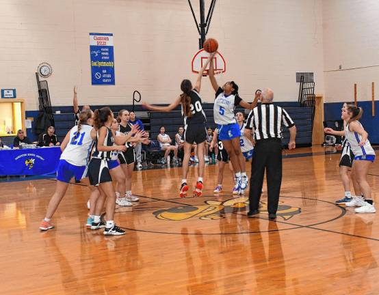 MST3 Vernon and Kittatinny players reach for the ball.