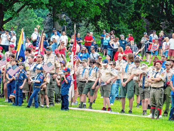 Scouts listen during the Memorial Day ceremony at Dykstra Park in Sparta. (Photo by Nancy Madacsi)