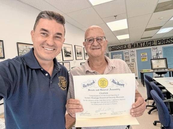 <b>State Assemblyman Michael Inganamort, R-24, with Sussex Councilman Mario Poggi, right, at the Sussex-Wantage Historical Society Museum. (Photos provided)</b>