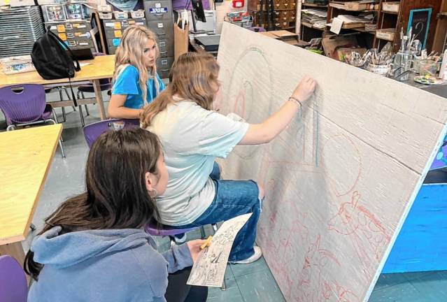 <b>High Point students Cadence Strehl, Maddie Crowell and Maria Fe Altamirano work on the mural.</b>