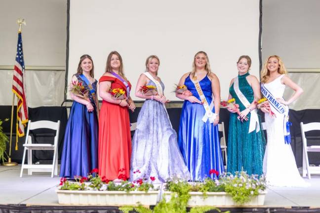 From left are the pageant finalists Miss Hampton Kaitlyn Horn, Miss Montague Ashleigh Dickson, Miss Lafayette Amelya Race, Miss Wantage Mackenzie Baker, Miss Stillwater Delaney Burke and Miss Franklin Chrystine Rodriguez-Mowles.