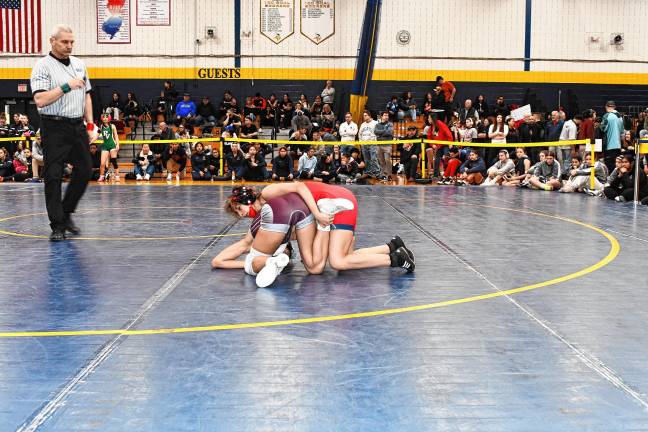 <b>Thiara Nunez of Leonia and Ingrid Vazquez of Passaic compete in the 100-pound weight class.</b>