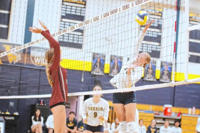 <b>Vernon's Ava Pecoraro strikes the ball during the first set against Morristown-Beard at home Thursday, Sept. 19. The Vikings won 25-9, 25-12. (Photos by George Leroy Hunter)</b>