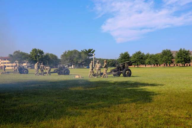 The Pennsylvania Army National Guard’s 1/109th Field Artillery Regiment provides a 13-volley salute as Maj. Gen. Kris Belanger assumes command of the U.S. Army Reserve’s 99th Readiness Division on Aug. 11. (U.S. Army photo by Sgt. 1st Class Deziree Lau, 99th RD Public Affairs)