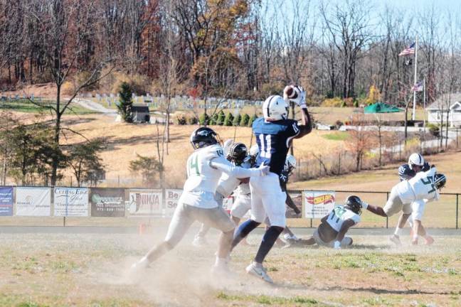 A Sussex County wideout catches the ball in the first half.