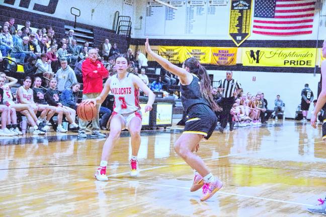 <b>High Point's Claire Sieminski handles the ball in the third period. She scored 11 points.</b>