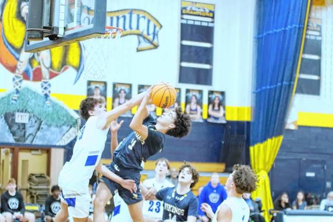 <b>Warren Hills defender Jacob Hopkins denies a shot by Vernon's Alex Fessel in the first half. Fessel scored 31 points.</b>