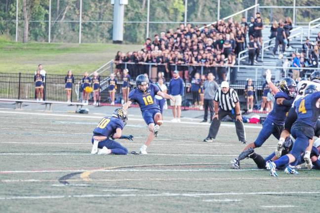 <b>Jefferson kicker Jack Reed connects with the ball during a field goal attempt in the first quarter. The kick was good to tighten the score, 7-3, with Jefferson trailing.</b>