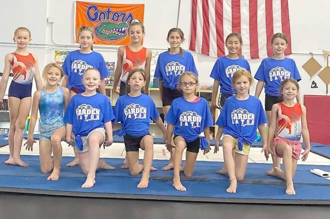 Some of Giant's Garden Gator Xcel Bronze and Silver gymnasts -- kneeling; Mackenzie Miller, Emily McIntrye, Sparta; Juliet Geaney, Lafayette; Arabella Muller, Sparta; Faith Peck, Branchville; Charlie Gomez, Wantage Standing: Caroline Fedge, Sparta; Audrey Costanzo, Hampton; Nikki Sucich, Maggie Sharo, Lillian Sciroppo, Sparta; Samantha Schwenzer, Dingmans Ferry (Photo provided)