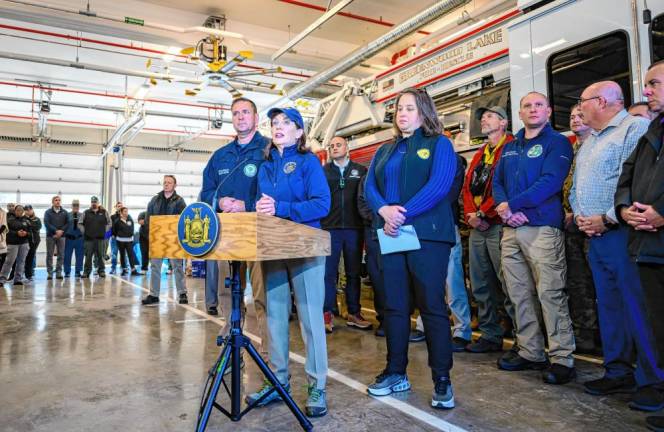 New York Gov. Kathy Hochul speaks during an update on the Jennings Creek Wildfire in Greenwood Lake on Tuesday, Nov. 12. (Photo by Susan Watts/Office of Governor Kathy Hochul)