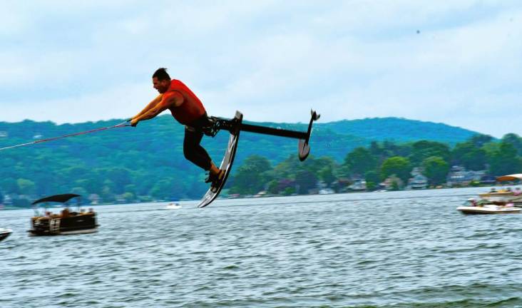 Damon Jenkins performs flips on his hydrofoil during the Ski Hawks’ first show of the season on Memorial Day. (Photo by Maria Kovic)