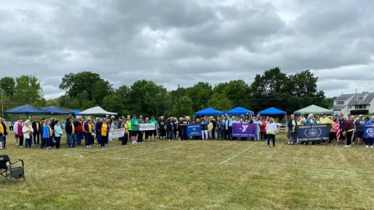 Six teams line up for the opening ceremony of the fourth annual Sussex County Senior Olympics on June 22 in Hardyston.