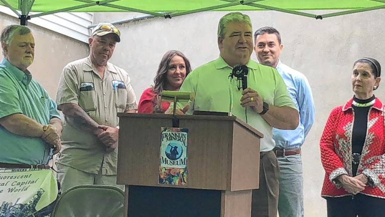 Former state Sen. Steve Oroho speaks Sunday, June 9 at the Franklin Mineral Museum. Behind him from left are former Sussex County Freeholder Phillip Crabb, state Sen. Parker Space, state Assemblywoman Dawn Fantasia, state Assemblyman Mike Inganamort and Virginia ‘Ginny’ Littell, former chairwoman of the New Jersey Republican State Committee.