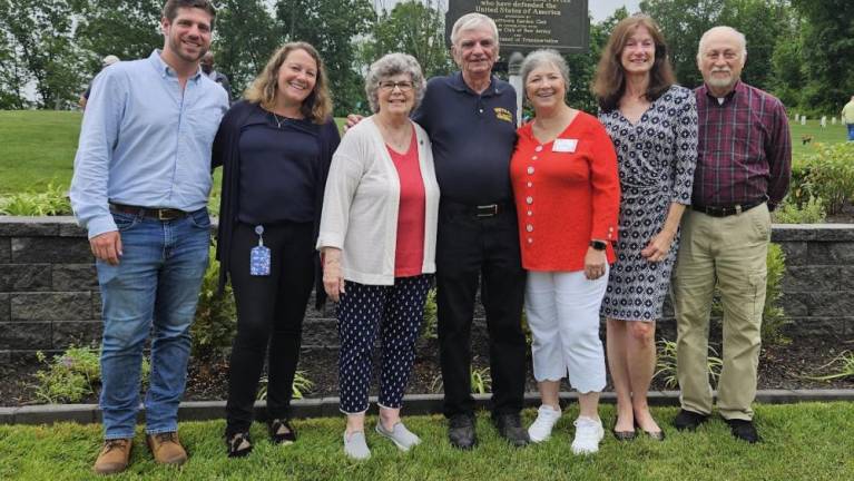 MA1 From left are Rob Kuntz, state Department of Transportation (DOT) landscape designer; Lois Johann, DOT landscape project manager; Joan Cichalski, Garden Club of New Jersey (GCNJ) Blue Star chairrwoman; John Harrigan, Northern New Jersey Veterans Cemetery president; Rose Wolverton, Snufftown Garden Club president; Beverly Kazickas, GCNJ president; and Bob Caggiano, Northern New Jersey Veterans Cemetery secretary. (Photos provided)